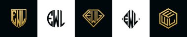 İlk harfler EWL logosu Bundle dizayn eder. Bu koleksiyon kalkan, yuvarlak, elmas, dikdörtgen ve altıgen stil logoyla birleştirilmiştir. Vektör şablonu