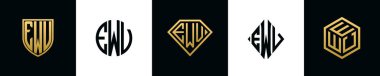 İlk harfler EWV logosu Bundle dizayn eder. Bu koleksiyon kalkan, yuvarlak, elmas, dikdörtgen ve altıgen stil logoyla birleştirilmiştir. Vektör şablonu