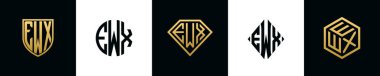 İlk harfler EWX logosu Bundle dizayn eder. Bu koleksiyon kalkan, yuvarlak, elmas, dikdörtgen ve altıgen stil logoyla birleştirilmiştir. Vektör şablonu