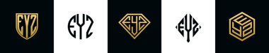 İlk harfler EYZ logosu Bundle dizayn eder. Bu koleksiyon kalkan, yuvarlak, elmas, dikdörtgen ve altıgen stil logoyla birleştirilmiştir. Vektör şablonu