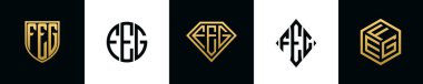 İlk harfler FEG logosu Bundle dizayn ediyor. Bu koleksiyon kalkan, yuvarlak, elmas, dikdörtgen ve altıgen stil logoyla birleştirilmiştir. Vektör şablonu