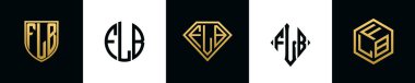 İlk harfler FLB logosu Bundle dizayn eder. Bu koleksiyon kalkan, yuvarlak, elmas, dikdörtgen ve altıgen stil logoyla birleştirilmiştir. Vektör şablonu