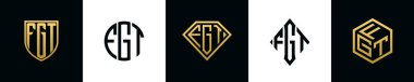 İlk harfler FGT logosu Bundle dizayn eder. Bu koleksiyon kalkan, yuvarlak, elmas, dikdörtgen ve altıgen stil logoyla birleştirilmiştir. Vektör şablonu