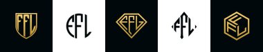 İlk harfler FFL logosu Bundle dizayn eder. Bu koleksiyon kalkan, yuvarlak, elmas, dikdörtgen ve altıgen stil logoyla birleştirilmiştir. Vektör şablonu