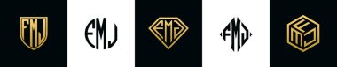 İlk harfler FMJ logosu Bundle dizayn eder. Bu koleksiyon kalkan, yuvarlak, elmas, dikdörtgen ve altıgen stil logoyla birleştirilmiştir. Vektör şablonu