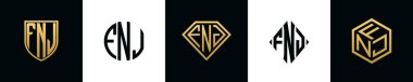 İlk harfler FNJ logosu Bundle dizayn eder. Bu koleksiyon kalkan, yuvarlak, elmas, dikdörtgen ve altıgen stil logoyla birleştirilmiştir. Vektör şablonu