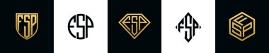 İlk harfler FSP logosu Bundle dizayn eder. Bu koleksiyon kalkan, yuvarlak, elmas, dikdörtgen ve altıgen stil logoyla birleştirilmiştir. Vektör şablonu
