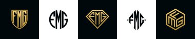 İlk harfler FMG logosu Bundle dizayn eder. Bu koleksiyon kalkan, yuvarlak, elmas, dikdörtgen ve altıgen stil logoyla birleştirilmiştir. Vektör şablonu