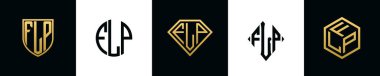 İlk harfler FLP logosu Bundle dizayn eder. Bu koleksiyon kalkan, yuvarlak, elmas, dikdörtgen ve altıgen stil logoyla birleştirilmiştir. Vektör şablonu