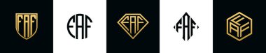 İlk harfler FAF logosu Bundle dizayn eder. Bu koleksiyon kalkan, yuvarlak, elmas, dikdörtgen ve altıgen stil logoyla birleştirilmiştir. Vektör şablonu