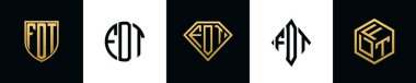 İlk harfler FDT logosu Bundle dizayn eder. Bu koleksiyon kalkan, yuvarlak, elmas, dikdörtgen ve altıgen stil logoyla birleştirilmiştir. Vektör şablonu
