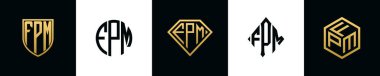 İlk harfler FPM logosu Bundle dizayn eder. Bu koleksiyon kalkan, yuvarlak, elmas, dikdörtgen ve altıgen stil logoyla birleştirilmiştir. Vektör şablonu