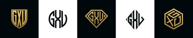 Initial letters GXV logo designs Bundle. This collection incorporated with shield, round, diamond, rectangle and hexagon style logo. Vector template