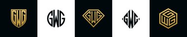 Initial letters GWG logo designs Bundle. This collection incorporated with shield, round, diamond, rectangle and hexagon style logo. Vector template