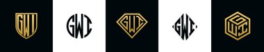 Initial letters GWI logo designs Bundle. This collection incorporated with shield, round, diamond, rectangle and hexagon style logo. Vector template