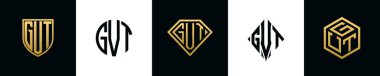 Initial letters GVT logo designs Bundle. This collection incorporated with shield, round, diamond, rectangle and hexagon style logo. Vector template