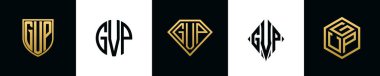 Initial letters GVP logo designs Bundle. This collection incorporated with shield, round, diamond, rectangle and hexagon style logo. Vector template