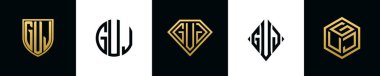 Initial letters GUJ logo designs Bundle. This collection incorporated with shield, round, diamond, rectangle and hexagon style logo. Vector template