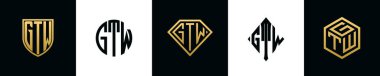 Initial letters GTW logo designs Bundle. This collection incorporated with shield, round, diamond, rectangle and hexagon style logo. Vector template