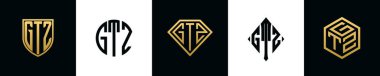 Initial letters GTZ logo designs Bundle. This collection incorporated with shield, round, diamond, rectangle and hexagon style logo. Vector template
