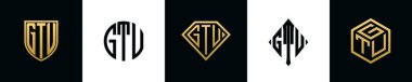 Initial letters GTU logo designs Bundle. This collection incorporated with shield, round, diamond, rectangle and hexagon style logo. Vector template