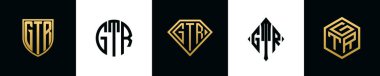 Initial letters GTR logo designs Bundle. This collection incorporated with shield, round, diamond, rectangle and hexagon style logo. Vector template