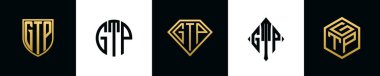 Initial letters GTP logo designs Bundle. This collection incorporated with shield, round, diamond, rectangle and hexagon style logo. Vector template