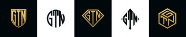 Initial letters GTN logo designs Bundle. This collection incorporated with shield, round, diamond, rectangle and hexagon style logo. Vector template