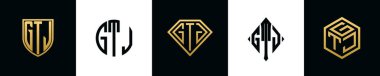Initial letters GTJ logo designs Bundle. This collection incorporated with shield, round, diamond, rectangle and hexagon style logo. Vector template