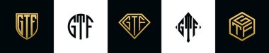 Initial letters GTF logo designs Bundle. This collection incorporated with shield, round, diamond, rectangle and hexagon style logo. Vector template