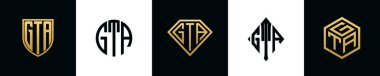 Initial letters GTA logo designs Bundle. This collection incorporated with shield, round, diamond, rectangle and hexagon style logo. Vector template