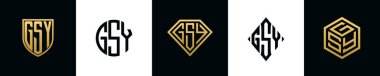 Initial letters GSY logo designs Bundle. This collection incorporated with shield, round, diamond, rectangle and hexagon style logo. Vector template