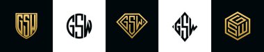 Initial letters GSW logo designs Bundle. This collection incorporated with shield, round, diamond, rectangle and hexagon style logo. Vector template