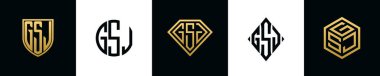 Initial letters GSJ logo designs Bundle. This collection incorporated with shield, round, diamond, rectangle and hexagon style logo. Vector template