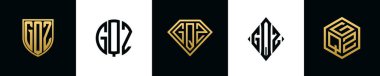 Initial letters GQZ logo designs Bundle. This collection incorporated with shield, round, diamond, rectangle and hexagon style logo. Vector template