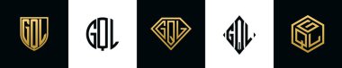 Initial letters GQL logo designs Bundle. This collection incorporated with shield, round, diamond, rectangle and hexagon style logo. Vector template