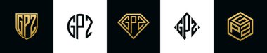Initial letters GPZ logo designs Bundle. This collection incorporated with shield, round, diamond, rectangle and hexagon style logo. Vector template