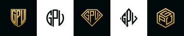 Initial letters GPV logo designs Bundle. This collection incorporated with shield, round, diamond, rectangle and hexagon style logo. Vector template