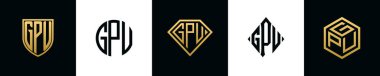 Initial letters GPU logo designs Bundle. This collection incorporated with shield, round, diamond, rectangle and hexagon style logo. Vector template