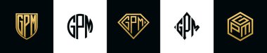 Initial letters GPM logo designs Bundle. This collection incorporated with shield, round, diamond, rectangle and hexagon style logo. Vector template