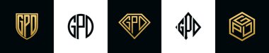 Initial letters GPD logo designs Bundle. This collection incorporated with shield, round, diamond, rectangle and hexagon style logo. Vector template