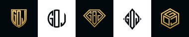 Initial letters GOJ logo designs Bundle. This collection incorporated with shield, round, diamond, rectangle and hexagon style logo. Vector template