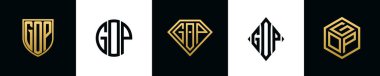 Initial letters GOP logo designs Bundle. This collection incorporated with shield, round, diamond, rectangle and hexagon style logo. Vector template