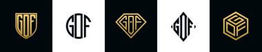 Initial letters GOF logo designs Bundle. This collection incorporated with shield, round, diamond, rectangle and hexagon style logo. Vector template