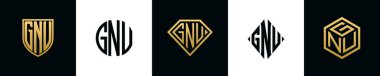 Initial letters GNU logo designs Bundle. This collection incorporated with shield, round, diamond, rectangle and hexagon style logo. Vector template