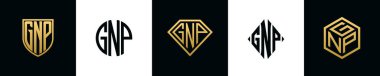 Initial letters GNP logo designs Bundle. This collection incorporated with shield, round, diamond, rectangle and hexagon style logo. Vector template