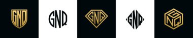 Initial letters GNQ logo designs Bundle. This collection incorporated with shield, round, diamond, rectangle and hexagon style logo. Vector template