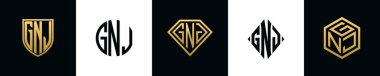 Initial letters GNJ logo designs Bundle. This collection incorporated with shield, round, diamond, rectangle and hexagon style logo. Vector template