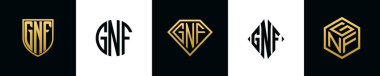Initial letters GNF logo designs Bundle. This collection incorporated with shield, round, diamond, rectangle and hexagon style logo. Vector template