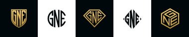 Initial letters GNE logo designs Bundle. This collection incorporated with shield, round, diamond, rectangle and hexagon style logo. Vector template